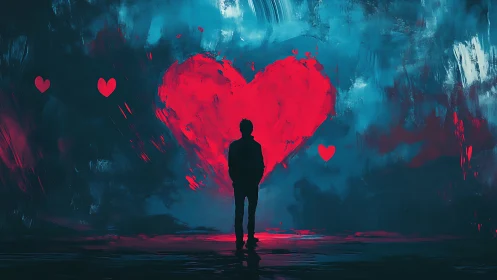 Solitary Figure Confronts a Glowing Heart Within Blue Dreamscape