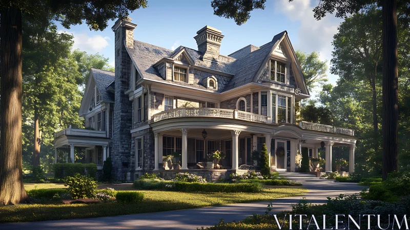 Large Victorian-style mansion with wraparound porch in woods.
