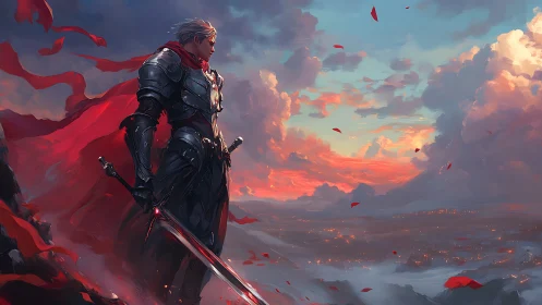 Armored knight surveys burning valley under storm-torn dusk