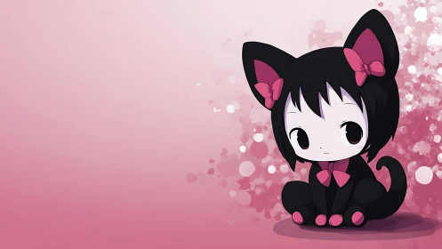 Kawaii cat girl in black suit on soft pink background.