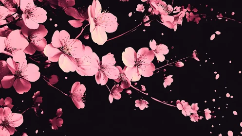 Pink Cherry Blossoms Dance Against Midnight Sky.