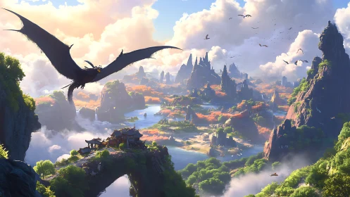 Dragon soars above luminous valley in expansive fantasy panorama