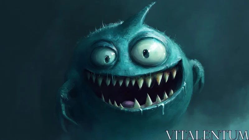 Grinning teal monster reveals sharp dripping fangs in fog.