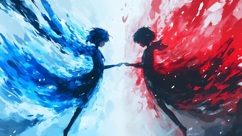 Opposing blue and red silhouettes connect across the divide.