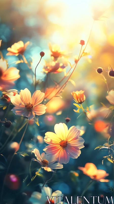 Luminous Cosmos Blooms at Sunset Hour.
