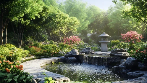 Stone lantern beside pond in structured garden setting.