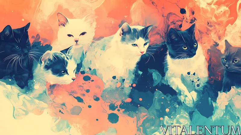 Multiple Cats in Abstract Color Wash.