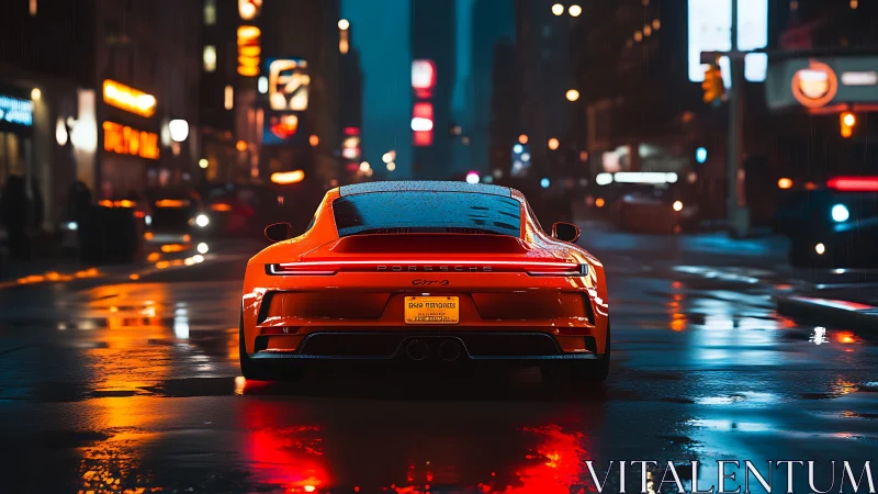 Red sports car moves through wet city street at night