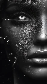 Monochrome close-up portrait with sparkling face details.
