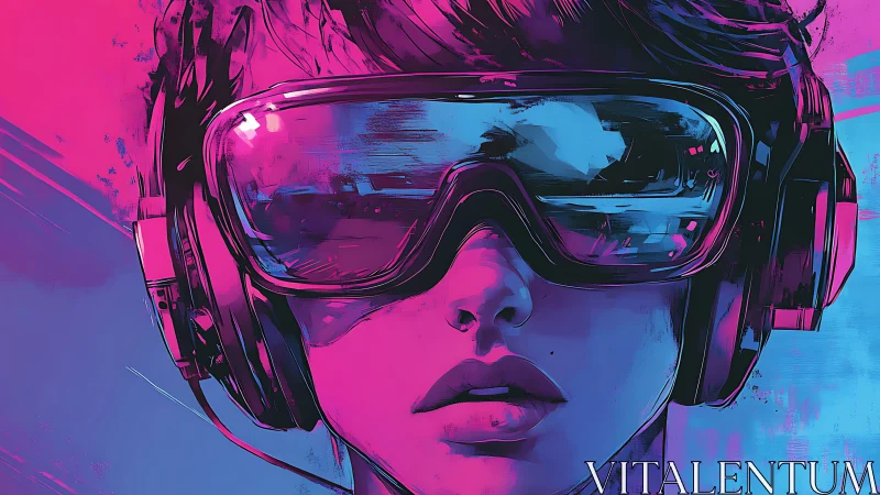 Neon-drenched cyber-portrait with reflective VR visor optics.