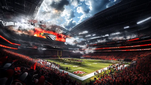 Roaring eagle scoreboard ignites a storm-lit football coliseum.