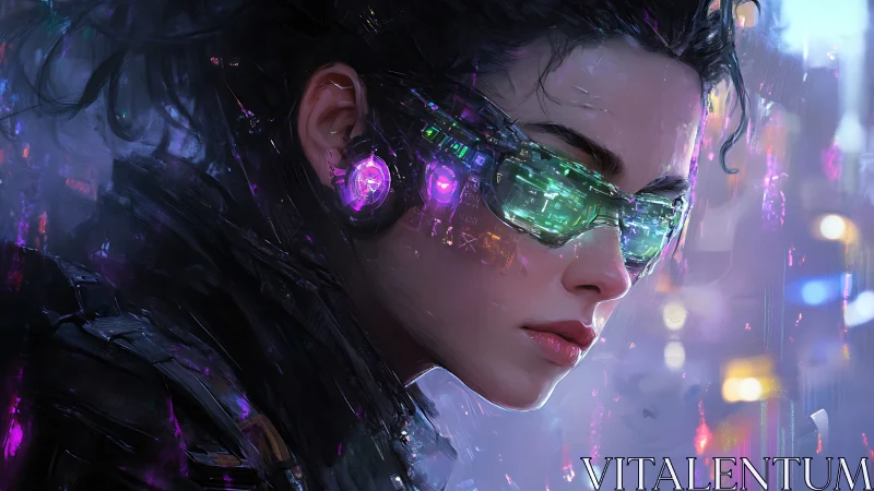Cyberpunk woman with neon visor in digital cityscape.
