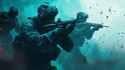 Tactical assault team advancing through cyan battle smoke.