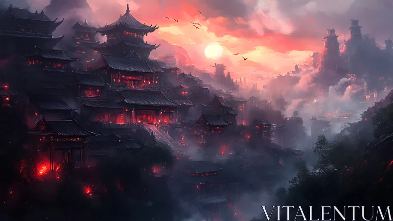 Digital painting of burning misty pagoda city at sunset.