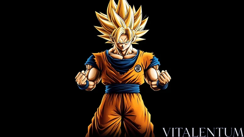 Spiky haired anime warrior in orange gi on black field.