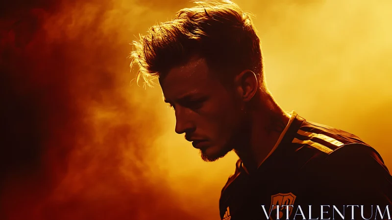 Profile of focused male athlete in orange studio haze.