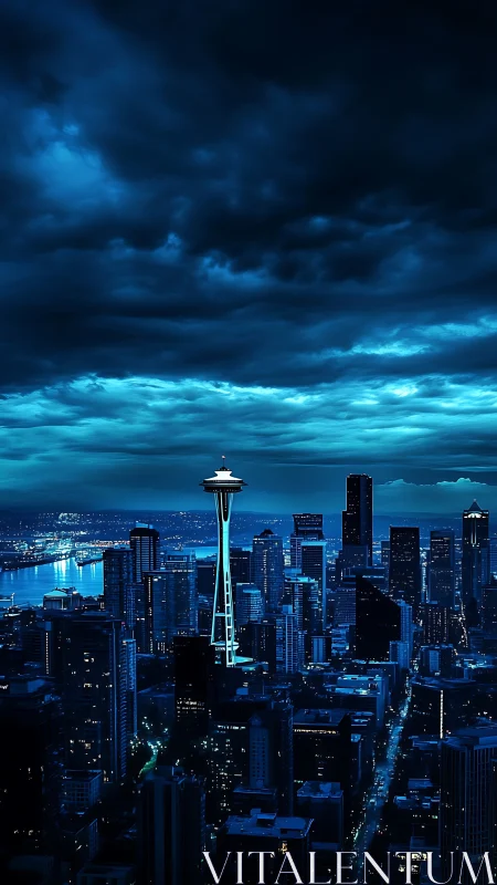 Seattle skyline glows under deep blue storm clouds