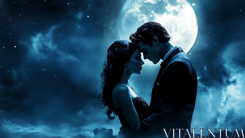 Couple Under Full Moon. Romantic Silhouettes at Night.