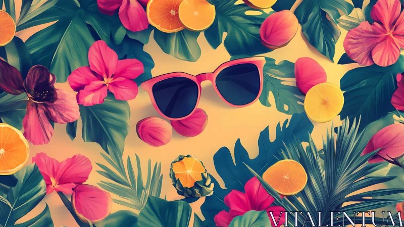 Bold tropical sunglasses rest among lush florals and fruit