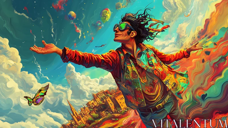 Vibrant surreal figure embracing skyward dreamscape horizon