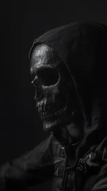 Monochrome hooded skull portrait in dramatic side lighting.