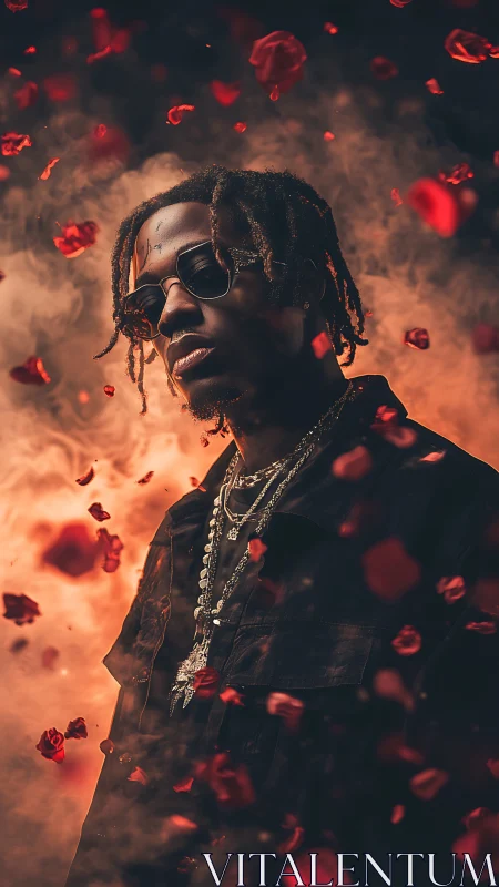 Cool portrait draped in chains and drifting rose petals