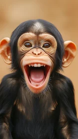 High-detail close-up of young chimpanzee with wide open mouth