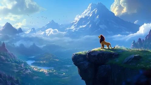 Lone lion surveys vast sunlit valley beneath towering peak