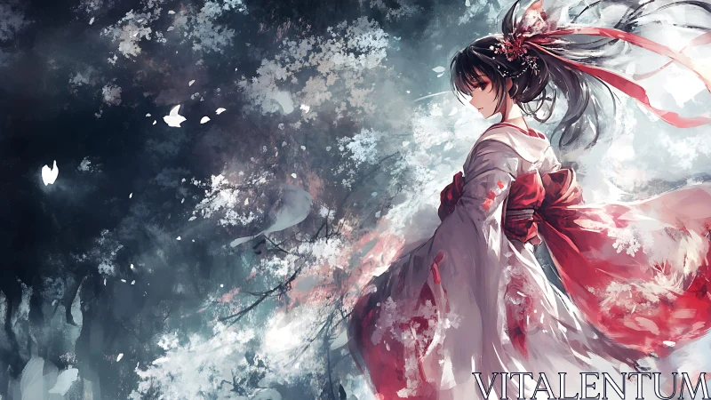 Anime woman in flowing red kimono amid drifting petals.