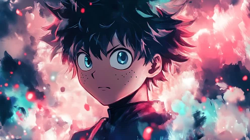 Neon-lit anime hero portrait amid swirling cosmic clouds.