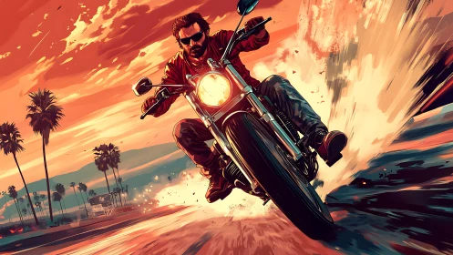 Sunset outlaw rides a roaring motorcycle through coastal firestorm.