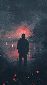 Rain-soaked silhouette by the glowing midnight shoreline.