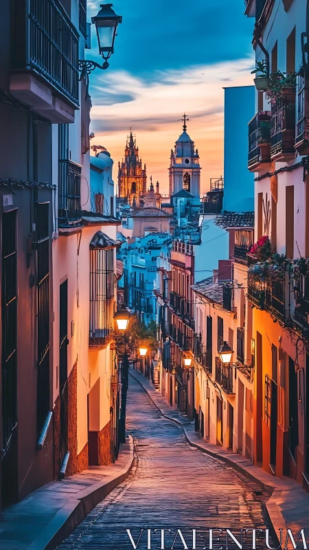 Twilight descent through a cobbled Spanish street.