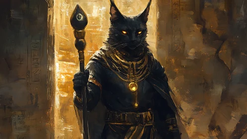 Egyptian cat deity guardian with glowing staff and amulet