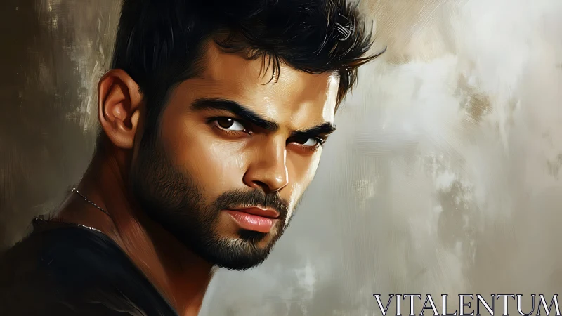 Intense digital portrait of serious bearded man in profile.