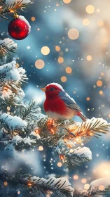 Snowy red bird resting on twinkling festive fir branch.