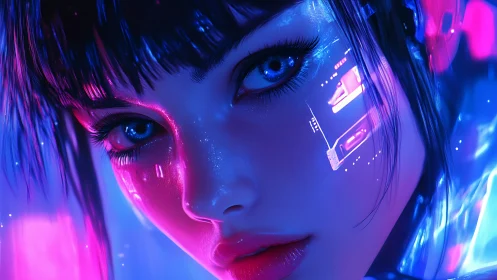 Cybernetic female portrait with neon blue and pink lighting.
