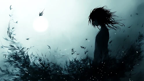 Silhouetted figure amid swirling foliage under pale moon.