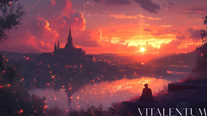 Person observing riverside city skyline at vivid sunset.