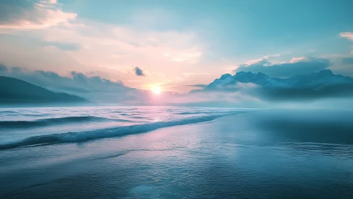 Digital seascape horizon with misted mountains and sunrise glow.