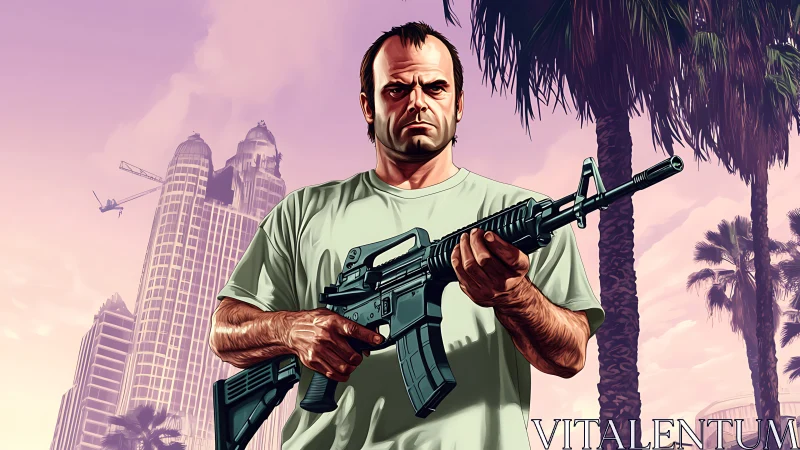 Tense gunman grips assault rifle in sunlit city street