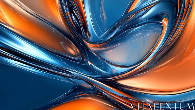 Fluid Abstract Art with Metallic Orange and Blue Swirls.