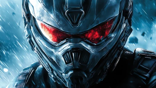 Armored cyber soldier glares through glowing red visor.