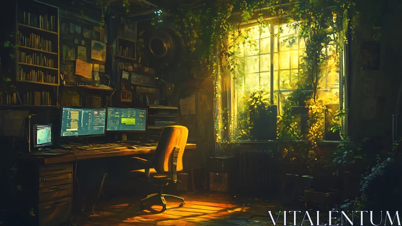 Sunlit biophilic workstation with multi-monitor setup.