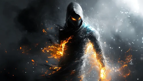 Hooded fire entity strides through smoke and glowing sparks.