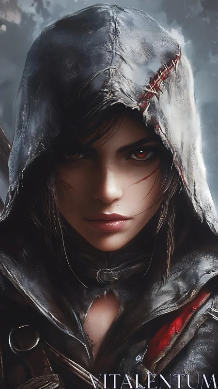 Hooded rogue portrait with scarred leather cloak detail.