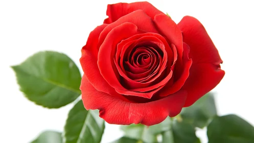 Red Rose Bloom with Green Foliage Against White Background