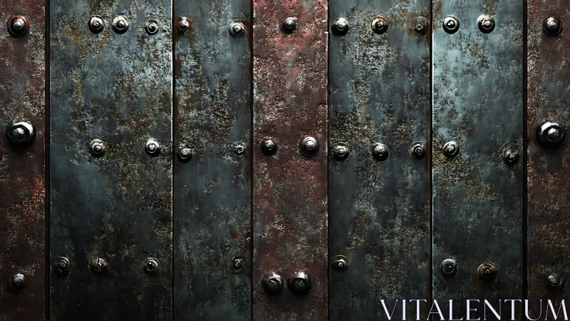 Rusted riveted steel panels with dark industrial patina.