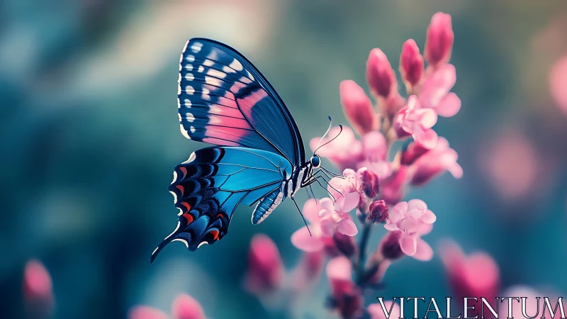 Butterfly on clustered pink blossoms in shallow depth of field.