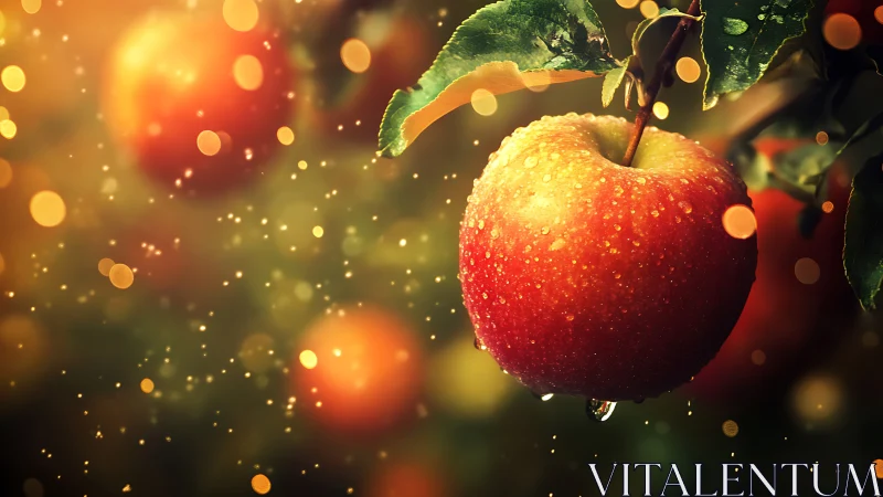 Dewlit red apple glows against golden orchard bokeh.